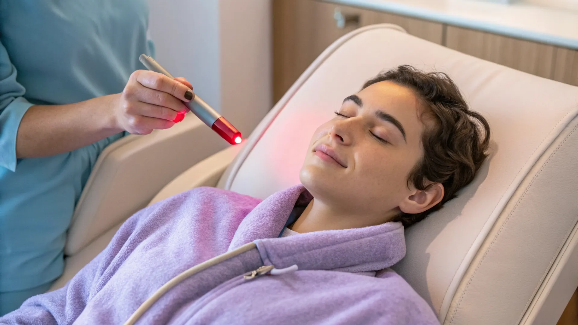 Woman receiving low-level laser therapy on her head; alternative anxiety treatment.
