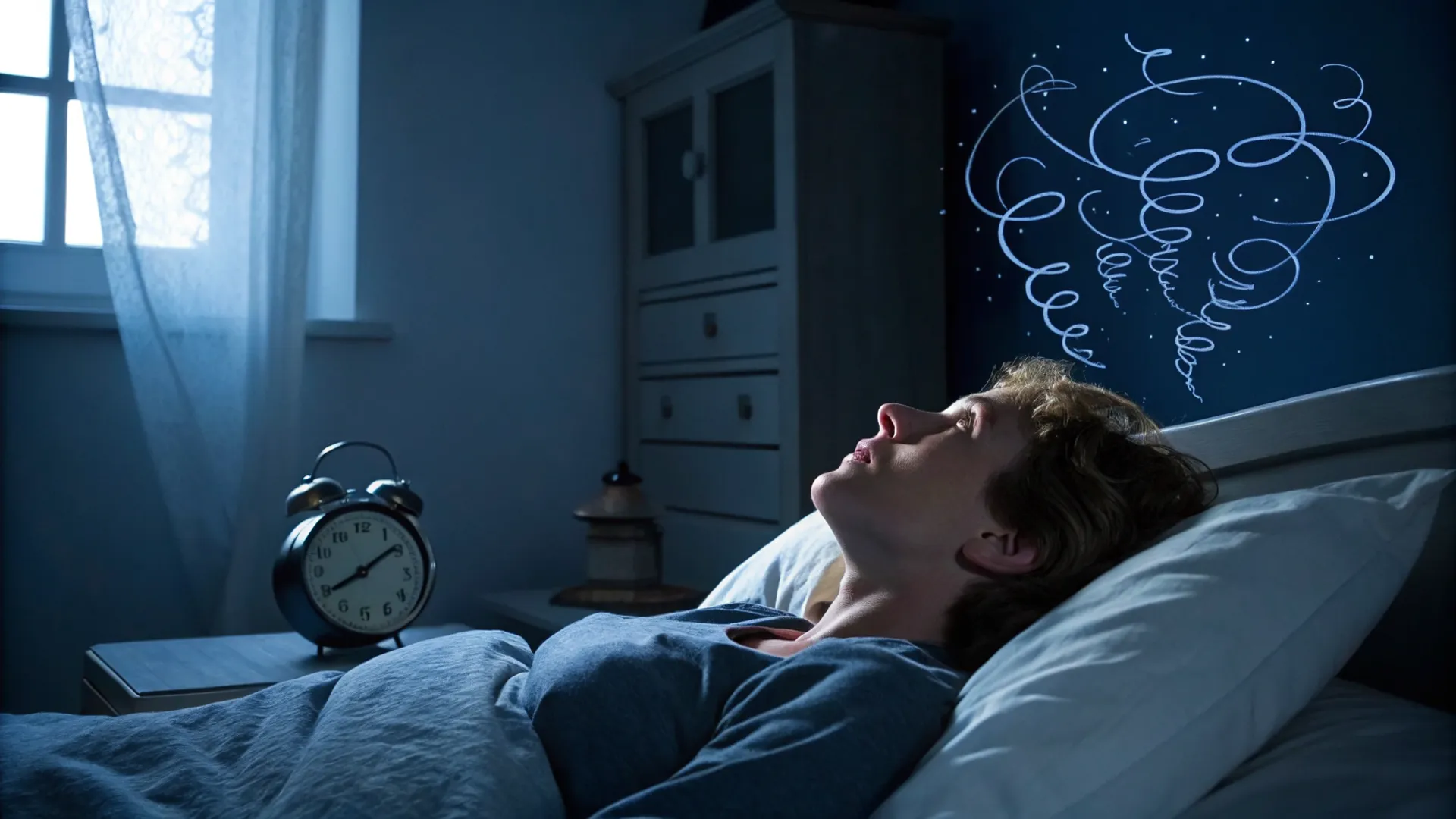 Pessoa deitada na cama à noite olhando para o teto com expressão preocupada e insônia
