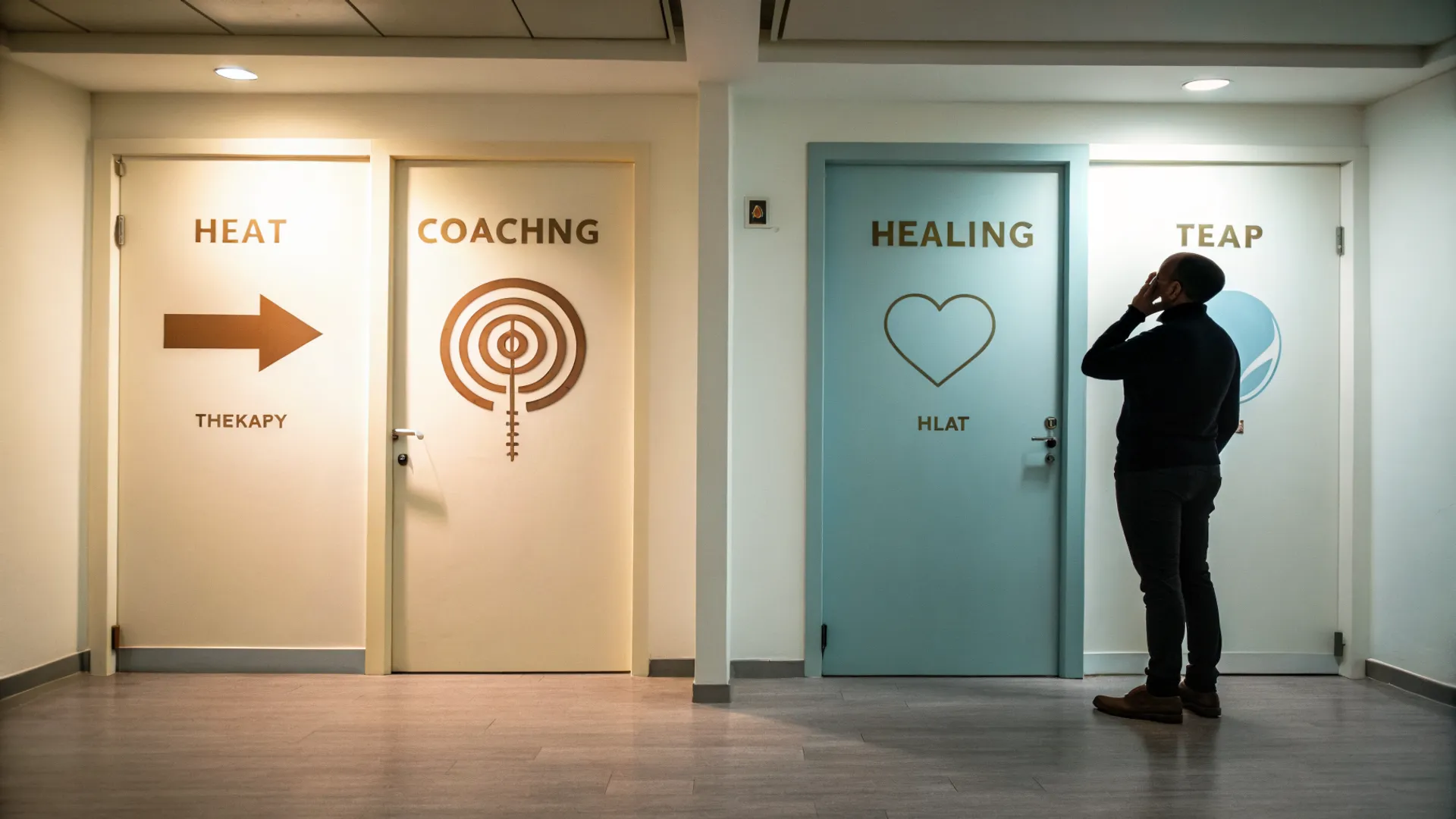 Profissional segurando dois caminhos divergentes representando a escolha entre coaching e terapia