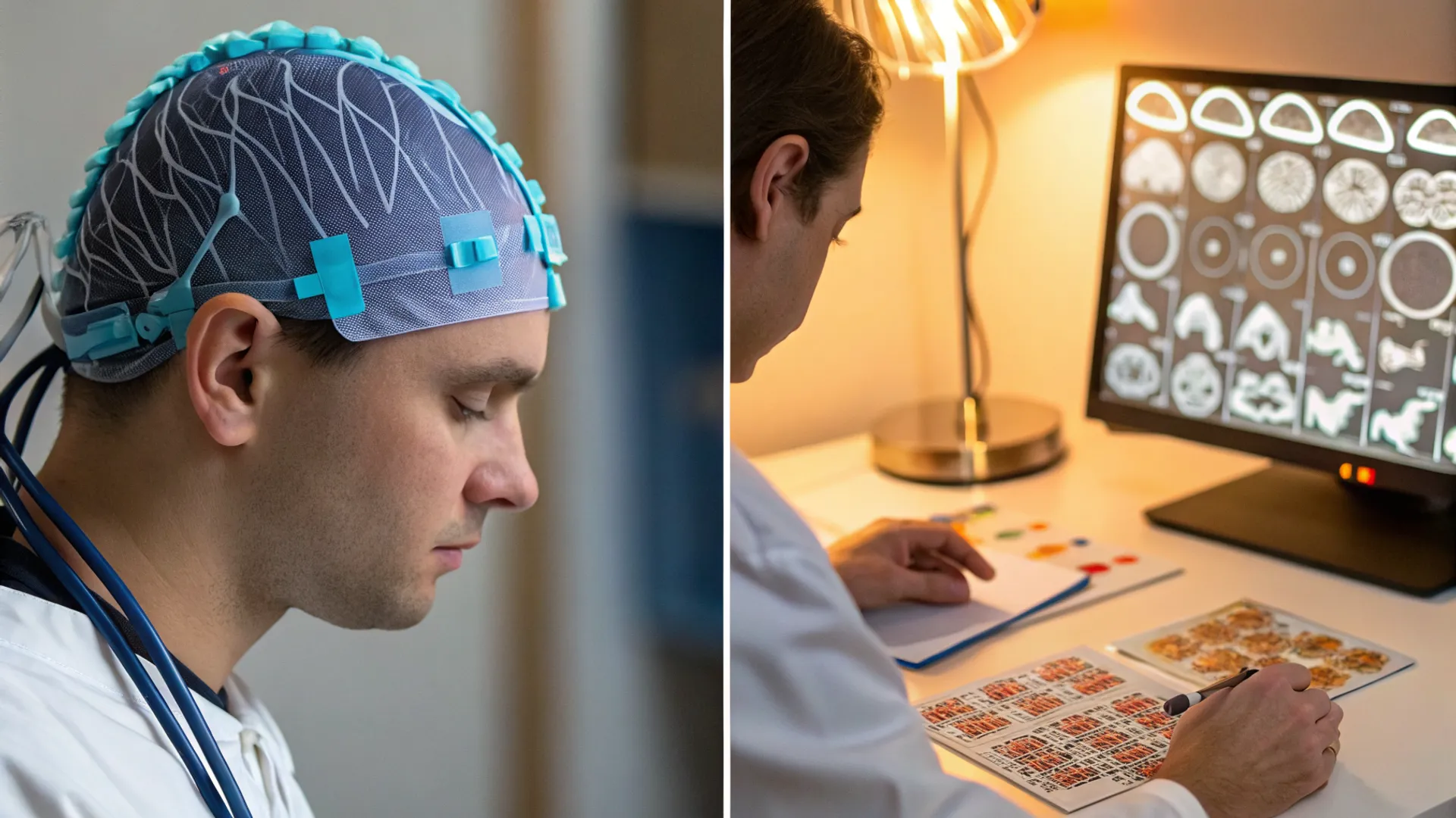 Mapa cerebral colorido mostrando atividade neural com gráficos de ondas cerebrais
