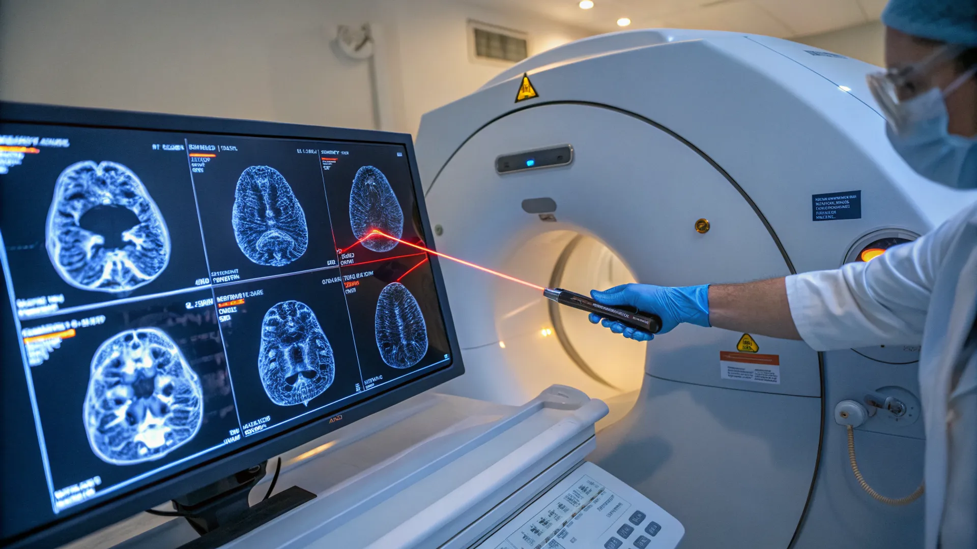 Red laser light beam targeting human brain illustration for medical treatment therapy