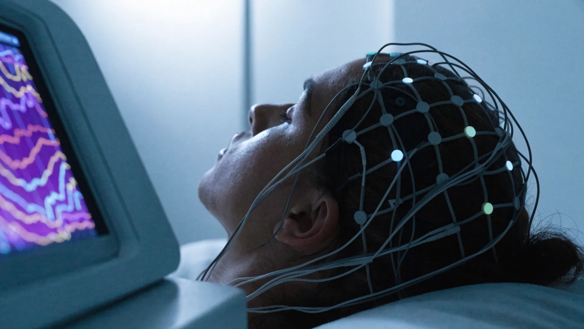Pessoa recebendo medição de atividade cerebral com eletrodos na cabeça durante teste de neurometria