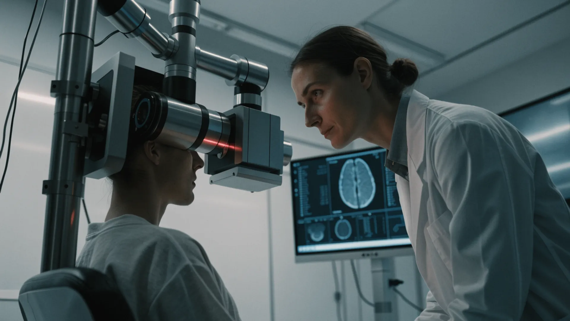 Raio laser vermelho penetrando tecido cerebral em ilustração científica de fisiologia