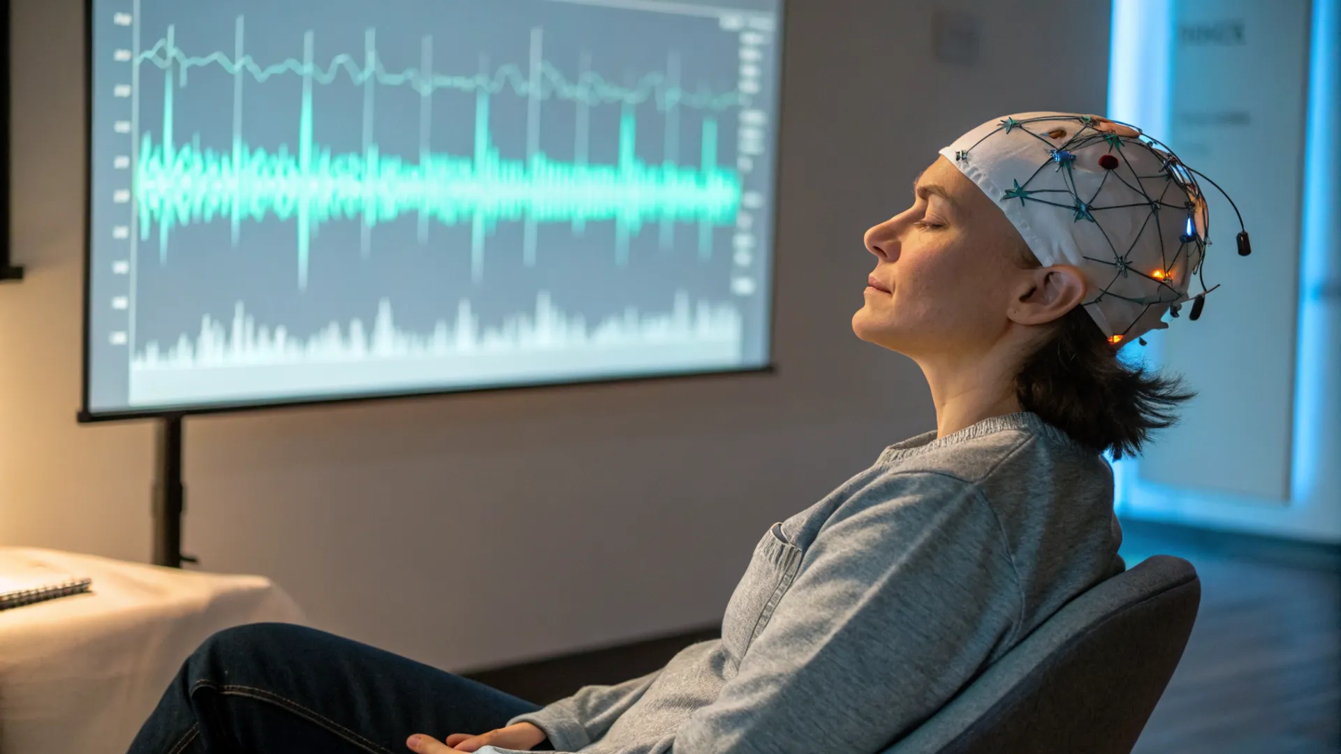 Pessoa com eletrodos na cabeça monitorando atividade cerebral em sessão de neurofeedback