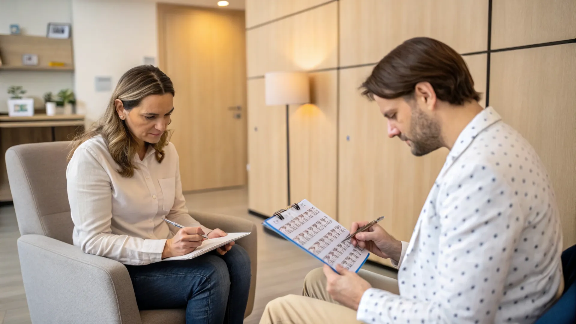 Psicólogo neuropsicólogo realizando avaliação cognitiva em paciente durante consulta clínica