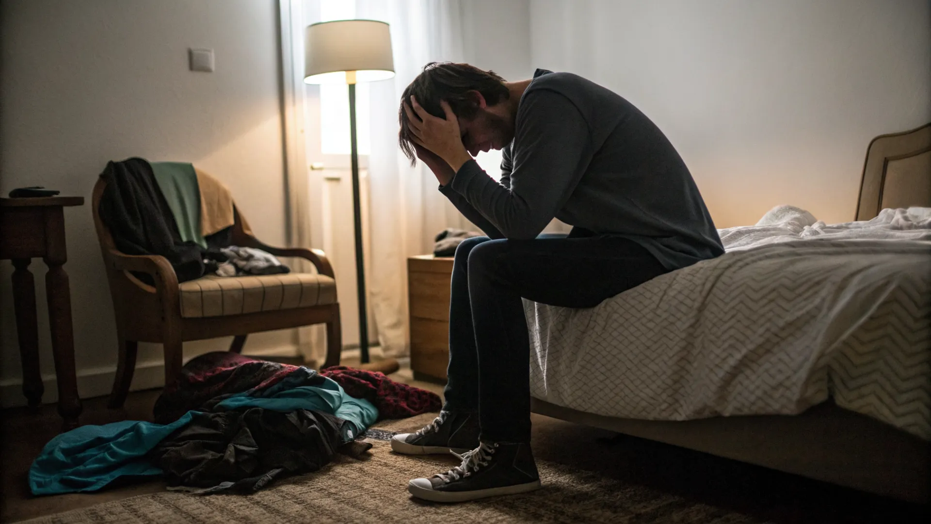 Worried person in bed at night, struggling with physical and emotional anxiety symptoms.