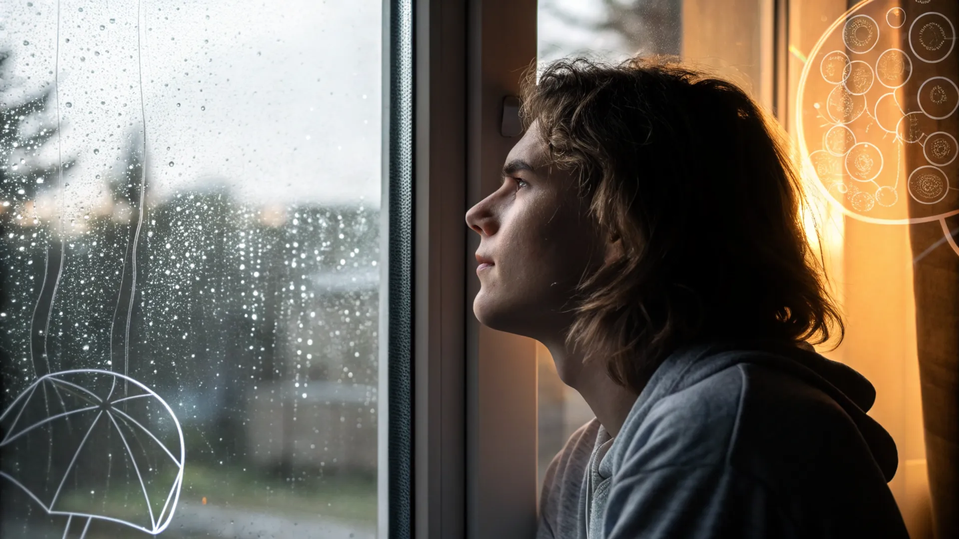 Pessoa triste olhando pela janela enquanto chuva escorre pelo vidro