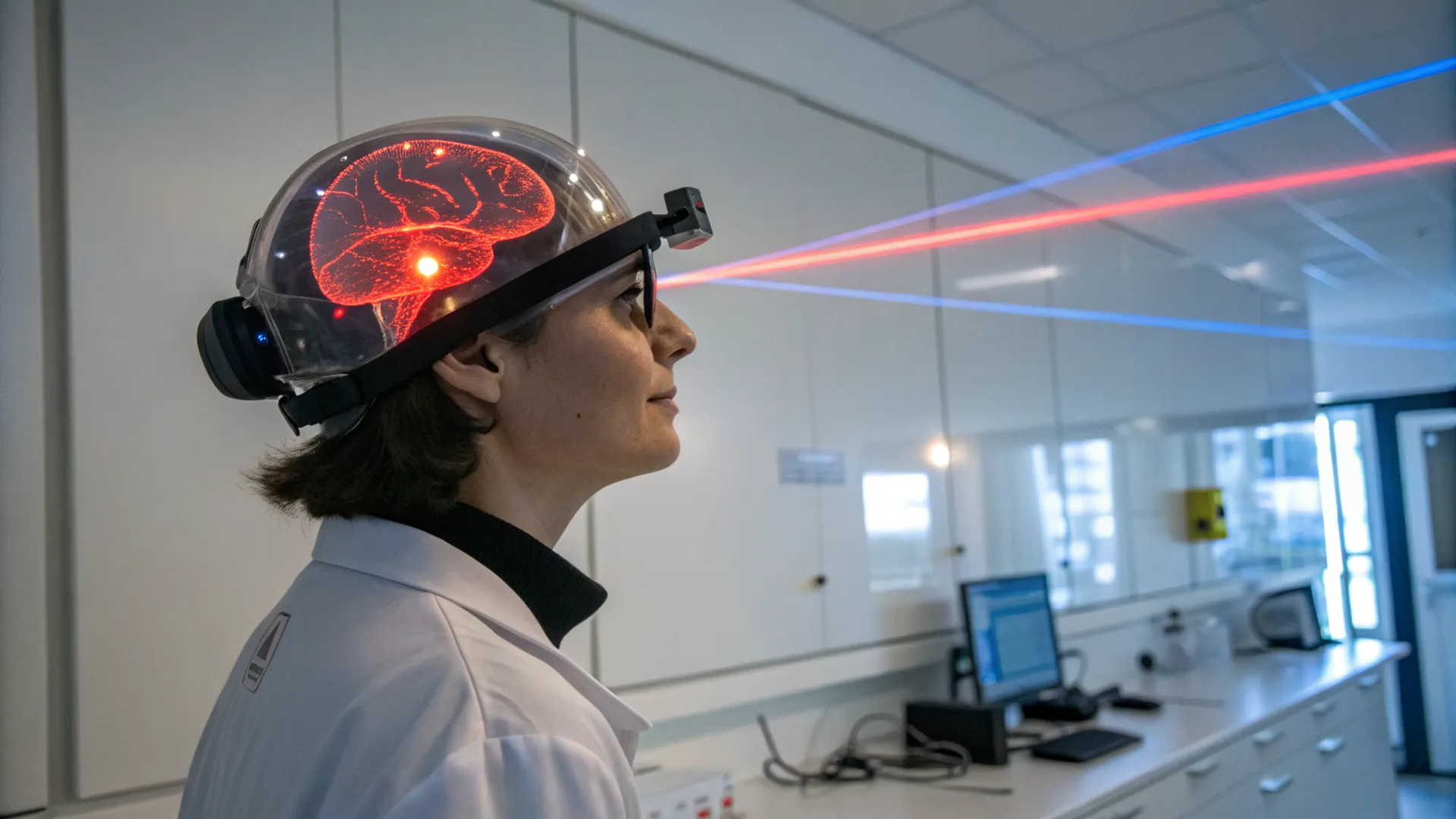 Infrared light beaming through a human head reaching the brain