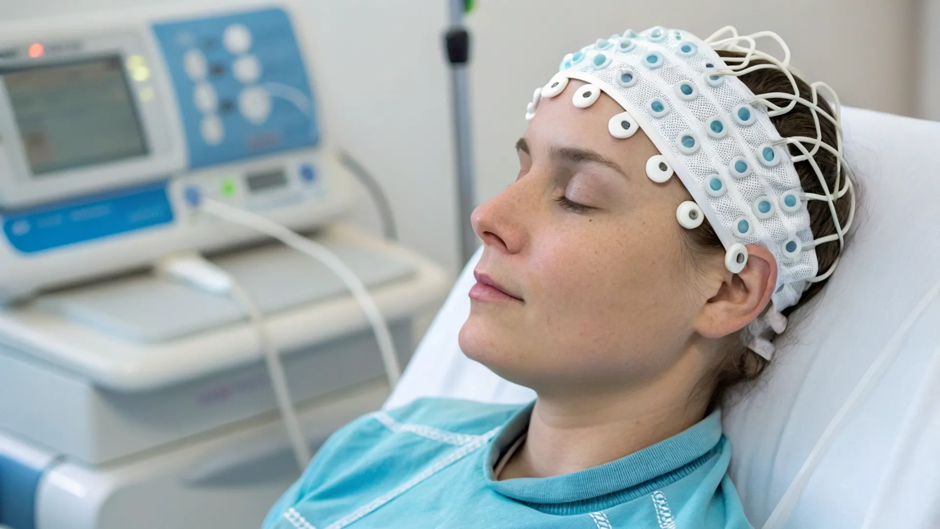 Paciente recebendo estimulação magnética transcraniana com bobina aplicada à cabeça