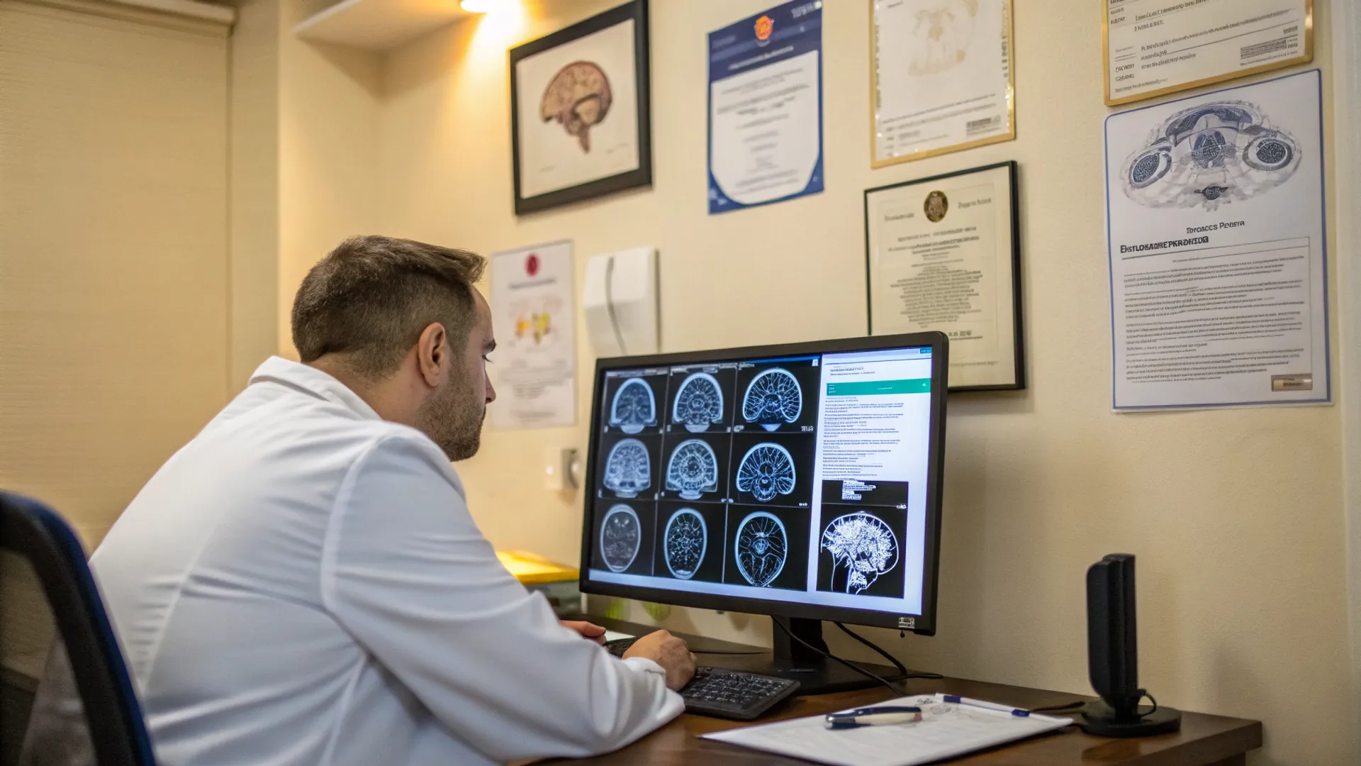 Profissional em consultório realizando avaliação neuropsicológica com testes de cognição