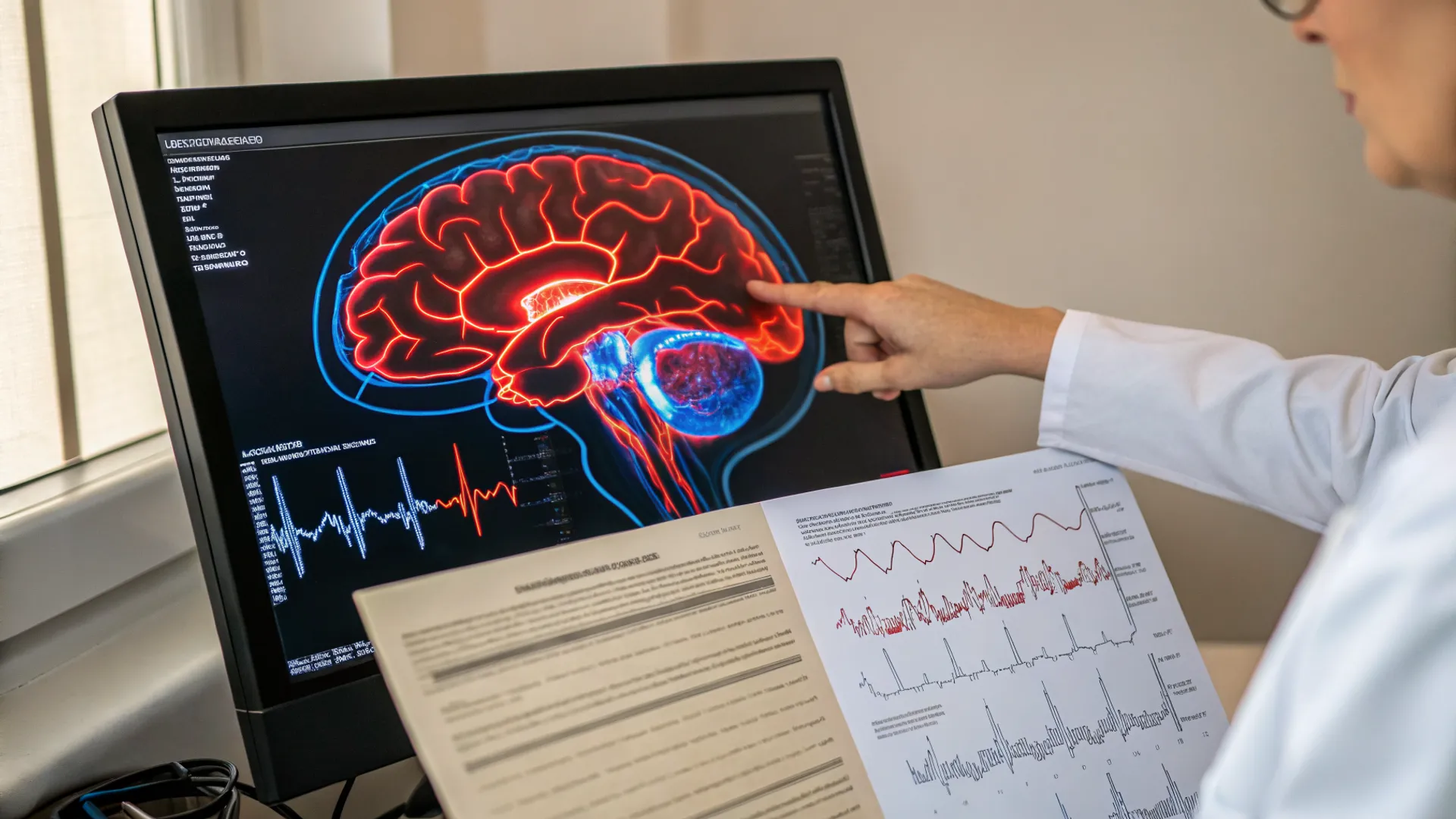 Mapa colorido de atividade cerebral mostrando diferentes frequências de ondas cerebrais em várias regiões