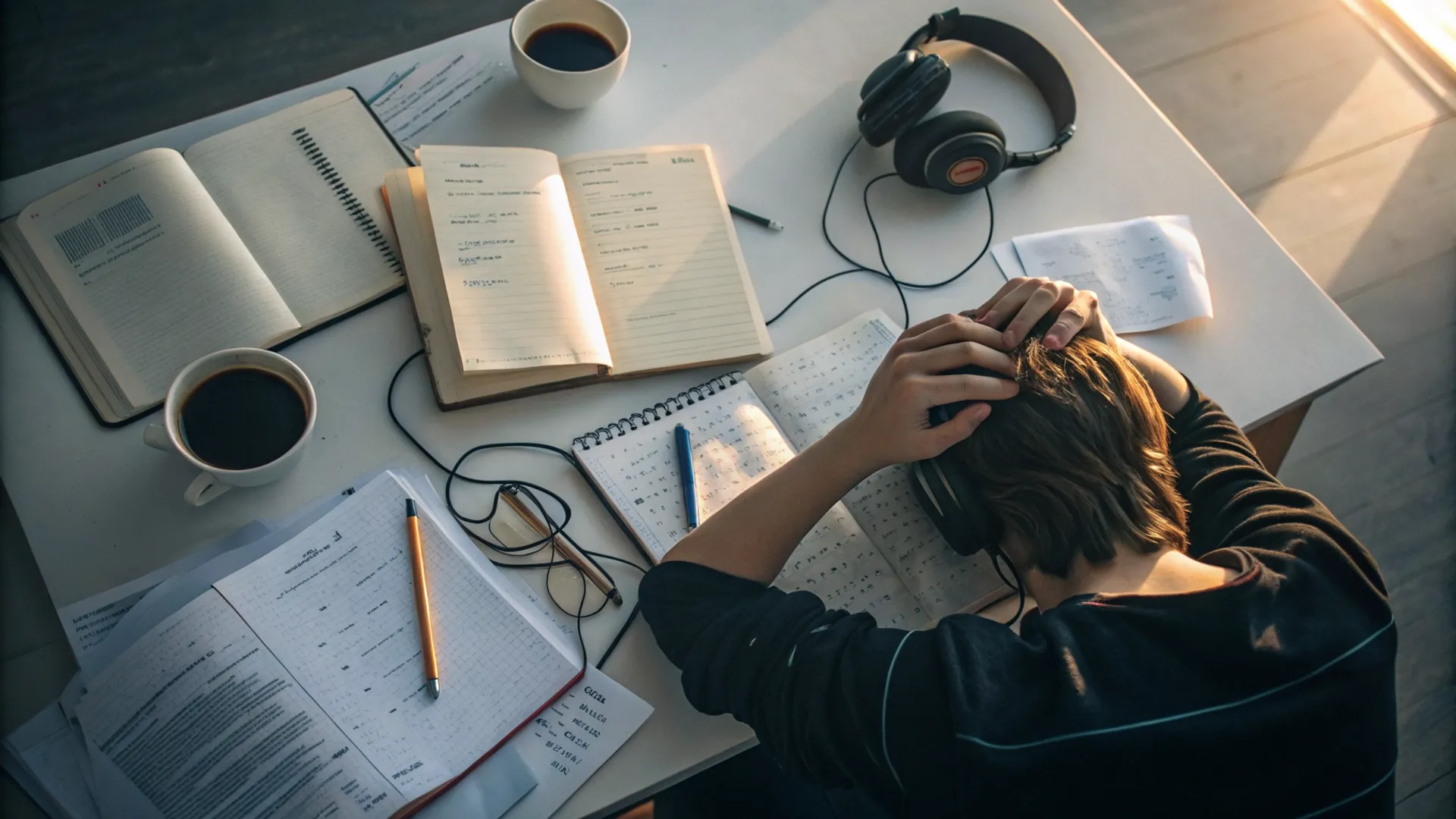 Desorganized adult desk with scattered papers, open notebooks, and multiple unfinished tasks symbolizing hidden ADHD symptoms