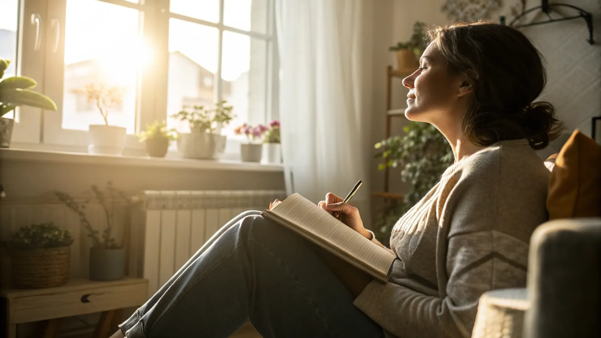 Woman sits cross-legged in nature, meditating. Guide to starting self-discovery and improving your life.